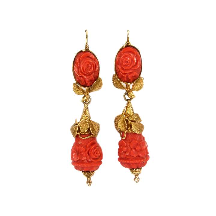 Pair of 19th century carved corallium rubrum and gold floral pendant earrings